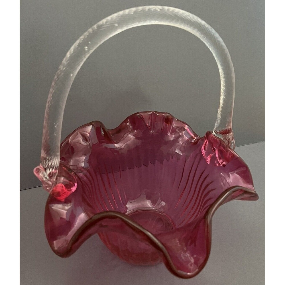 Cranberry Pink Glass Large Bowl Applied Clear Handle Ribbed Ruffle Edge Vintage